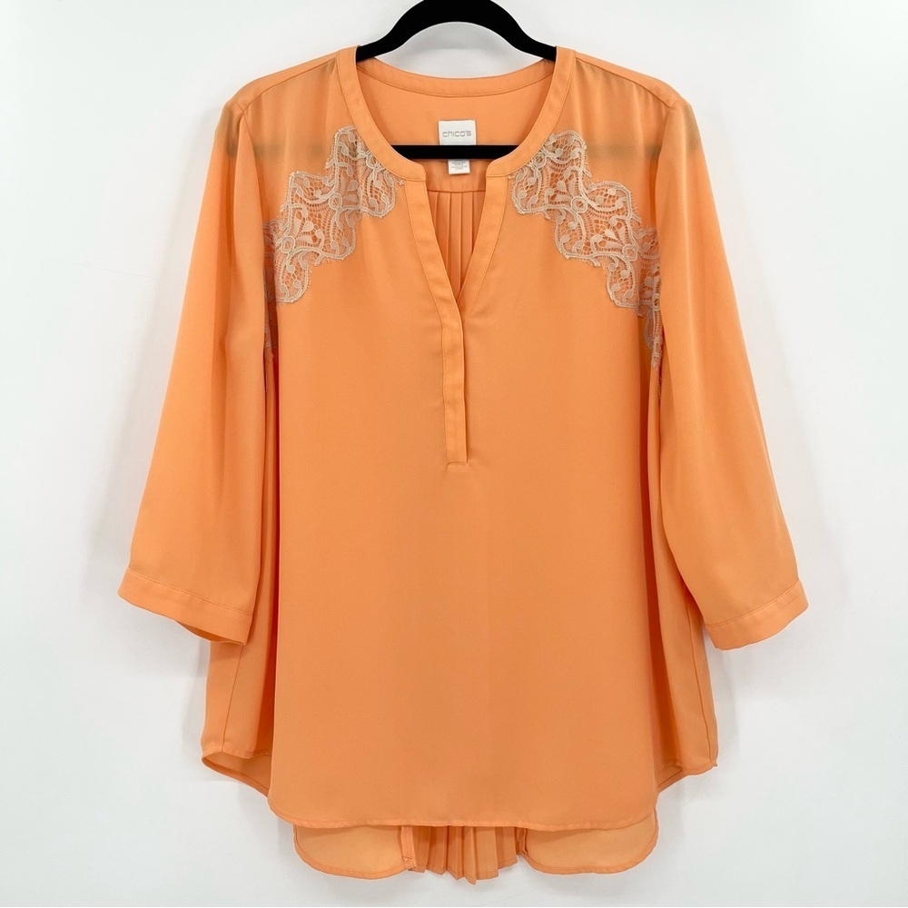 Chico’s Orange Lace Pleated Chiffon Popover Blouse Top Size Large/12